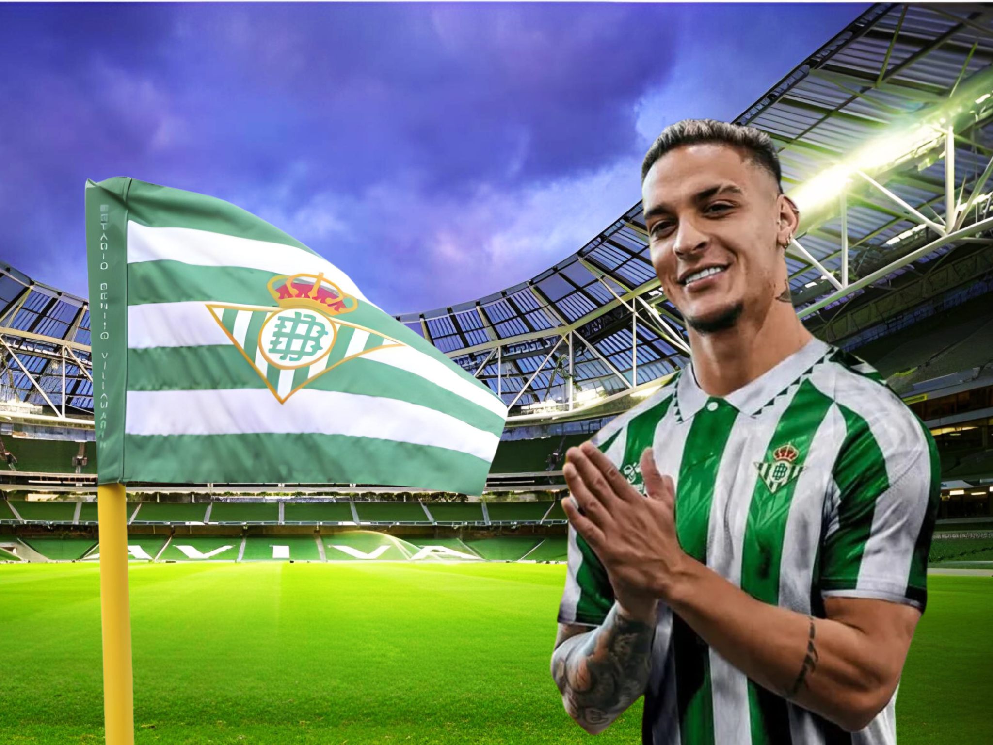 Antony, the Brazilian winger, in Real Betis jersey, celebrating on the field.