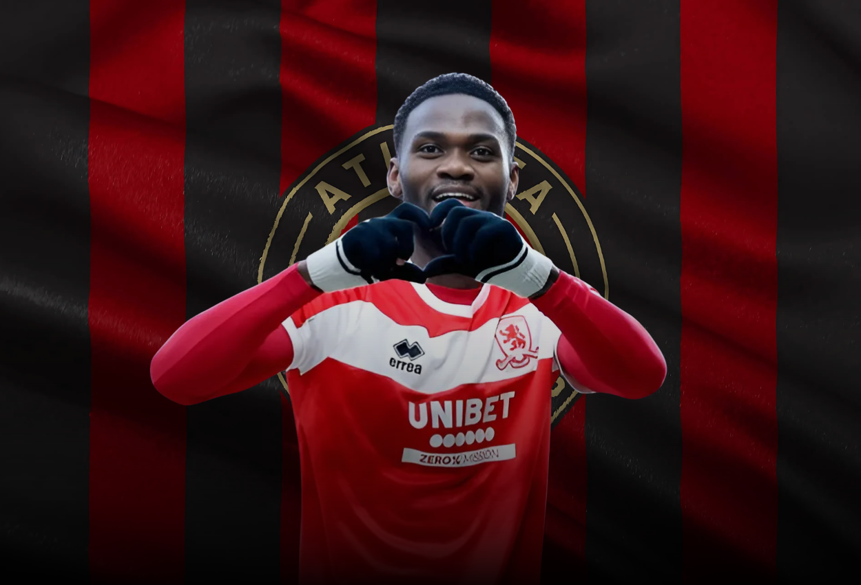 Atlanta United's newest signing, Emmanuel Latte Lath, celebrates his record-breaking move from Middlesbrough