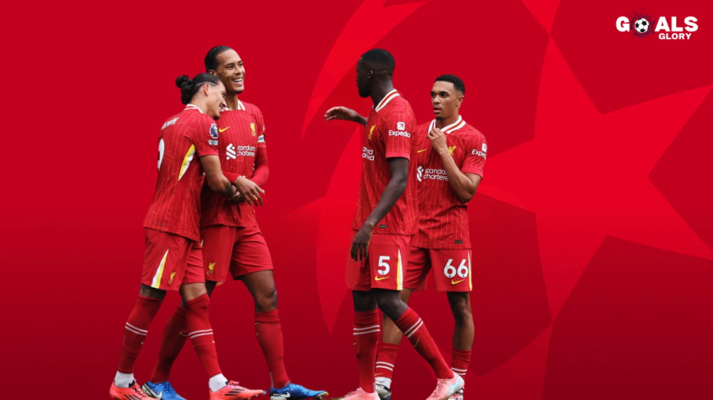 Four Liverpool players in red home kits celebrating and discussing on the field against a bold red background with a star pattern, featuring the "GOALS GLORY" logo in the top right corner.