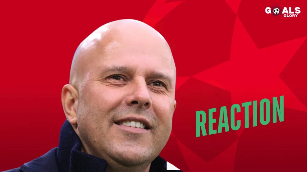 A close-up of a bald man smiling against a red background with star patterns, featuring the word "REACTION" in bold green letters and the "GOALS GLORY" logo in the top right corner.