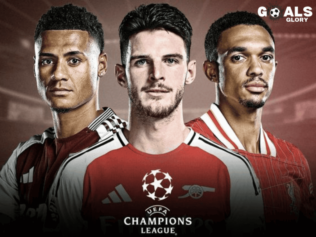 A powerful image featuring three Premier League stars from Arsenal and Liverpool, set against a dramatic backdrop with the UEFA Champions League logo, symbolizing the intensity of Europe's biggest competition.