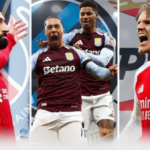 A collage featuring Mohamed Salah in a Liverpool jersey, Aston Villa players celebrating, and Martin Ødegaard in an Arsenal kit, symbolizing the intensity and passion of European football.