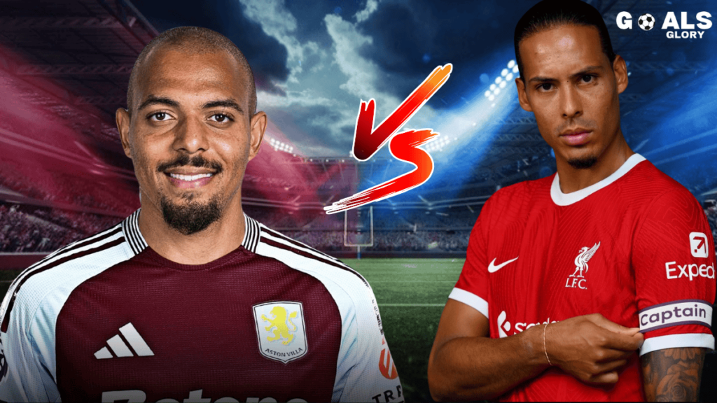 A face-off between Aston Villa’s Douglas Luiz and Liverpool’s Virgil van Dijk, set in a dramatic stadium backdrop, highlighting an intense Premier League battle.