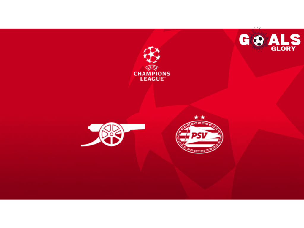 Arsenal vs. PSV Eindhoven UEFA Champions League match preview with a red-themed background featuring the UCL logo and club crests.