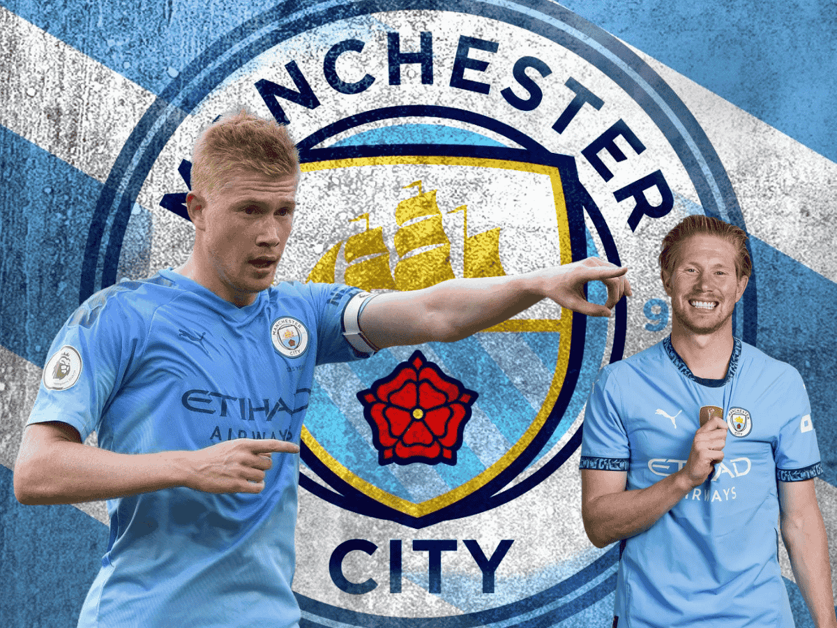 Kevin De Bruyne in a Manchester City jersey, giving tactical instructions, alongside another image of him smiling with a medal, with the Manchester City logo in the background.