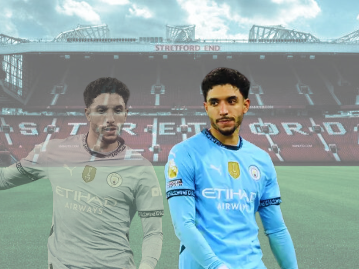 Premier League Shatters Transfer Records - 2025 January Window Hits £1.9B: Manchester City player Omar Marmoush in two kits, with one faded version in a different jersey, set against the backdrop of Old Trafford stadium.