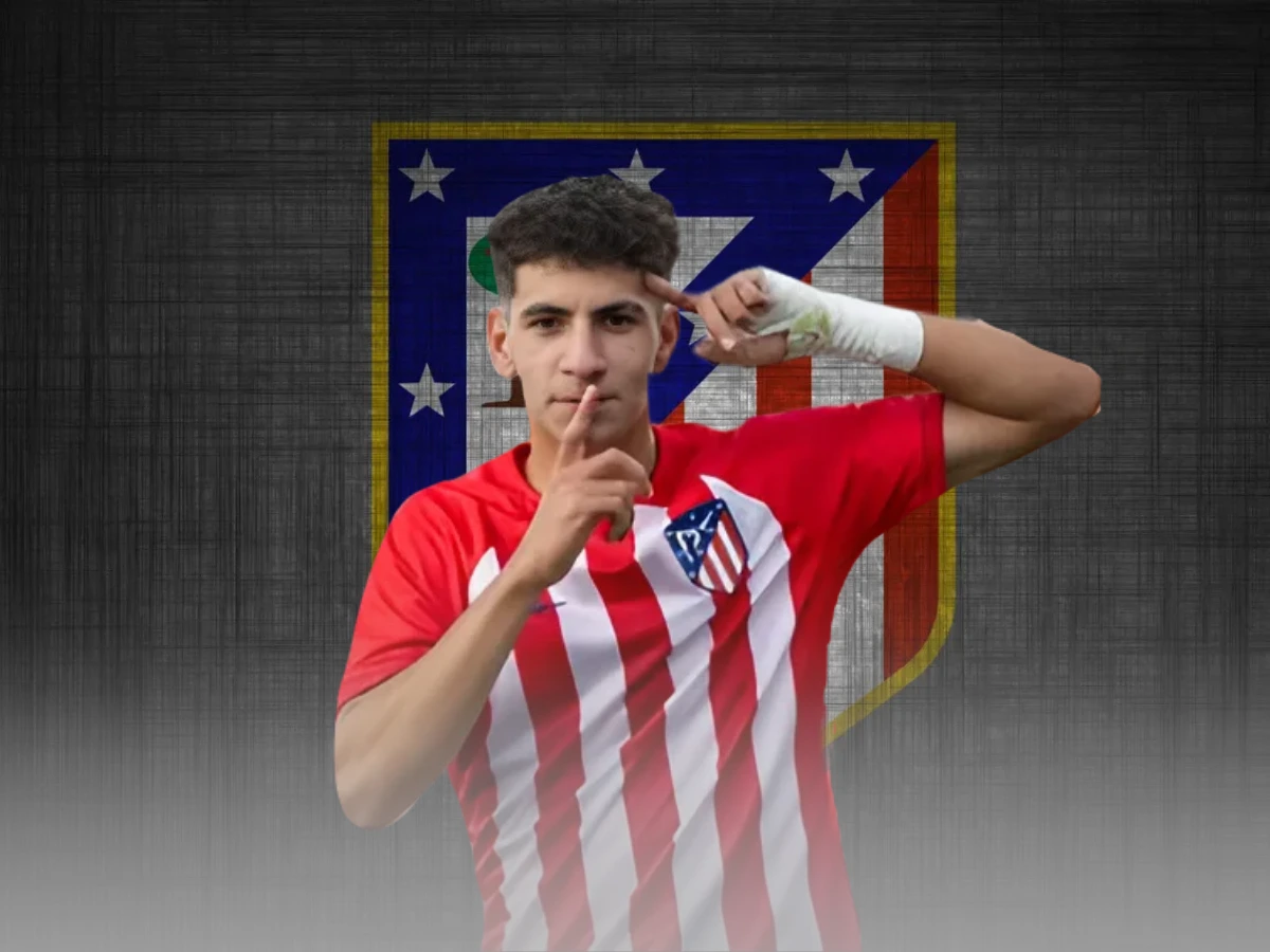 Rayane Belaid photo with Atlantico Madrid logo behind