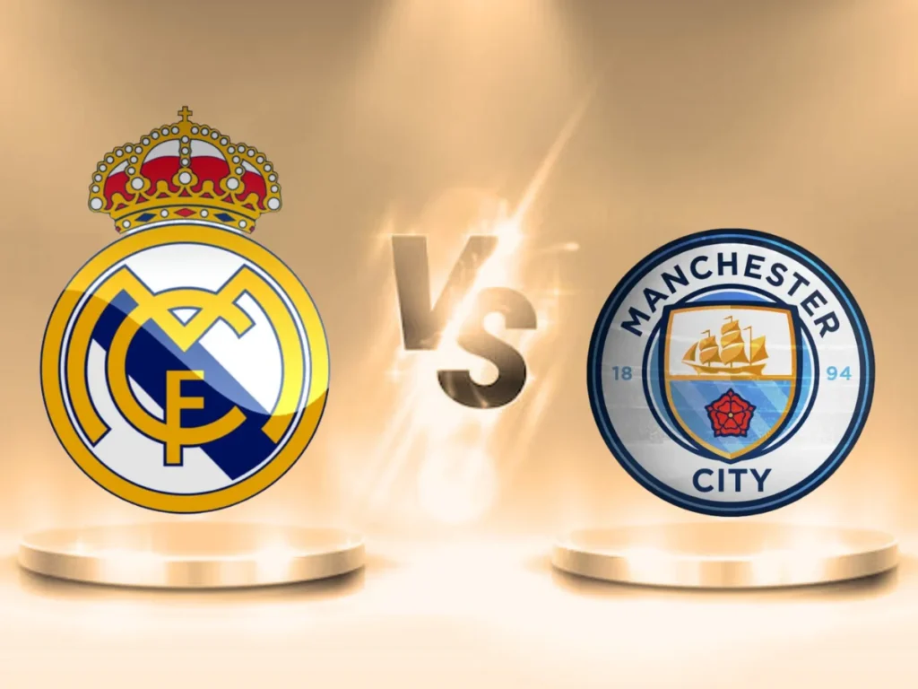 Real Madrid and Manchester City logos, with "VS" in the center