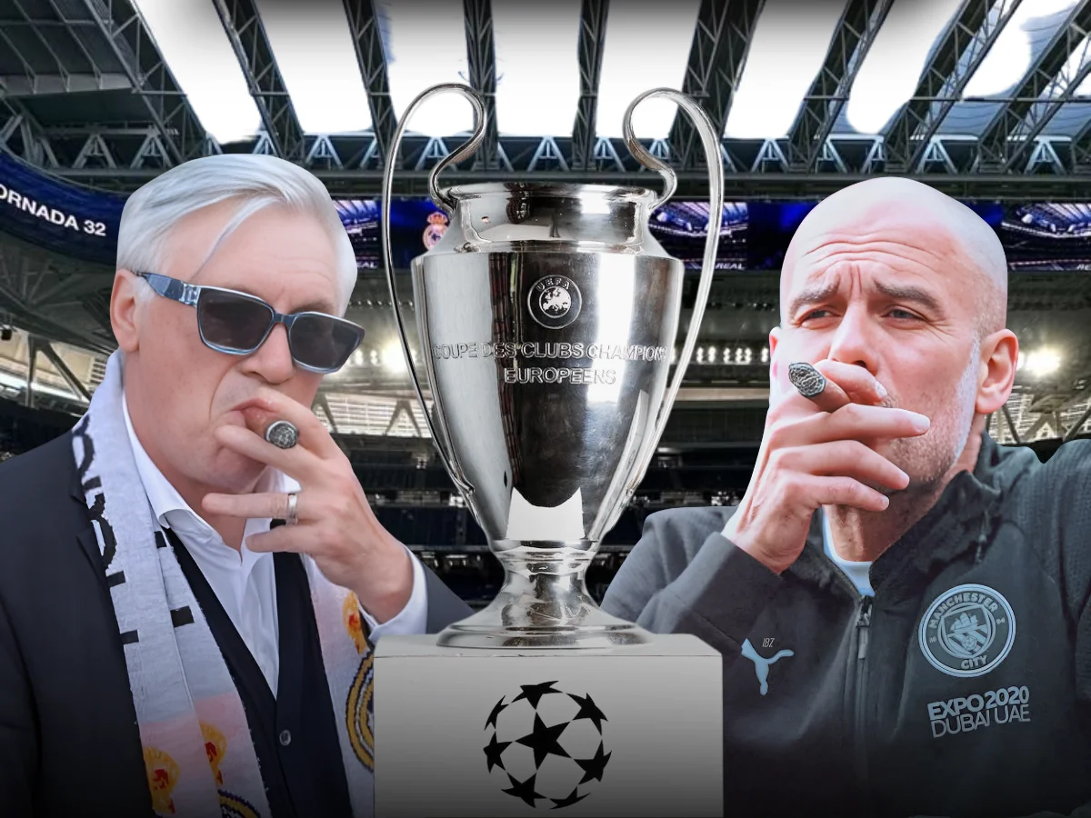 Carlo Ancelotti and Pep Guardiola, each holding a cigar, pose with the UEFA Champions League trophy