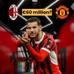 A split image featuring AC Milan on the left and Manchester United on the right. The AC Milan side shows Theo Hernández wearing an AC Milan kit. The Manchester United side features their logo. Text overlays include, '€60 million?