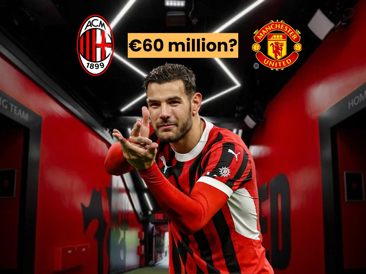 A split image featuring AC Milan on the left and Manchester United on the right. The AC Milan side shows Theo Hernández wearing an AC Milan kit. The Manchester United side features their logo. Text overlays include, '€60 million?