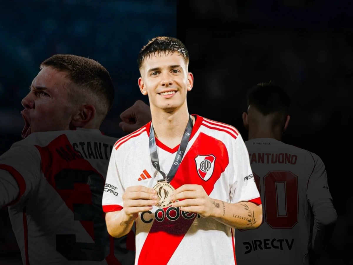 Franco Mastantuono, a 17-year-old Argentine talent from River Plate, stands in the foreground smiling while holding a medal. The background features two faded images of him in action—one celebrating with intensity and another showing the back of his jersey with his name.