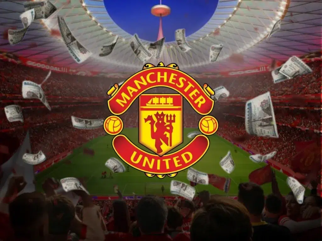 A futuristic concept of Manchester United’s proposed stadium, filled with fans. Banknotes float around, symbolizing the massive revenue potential of the new venue, with the club’s crest prominently in the center.
