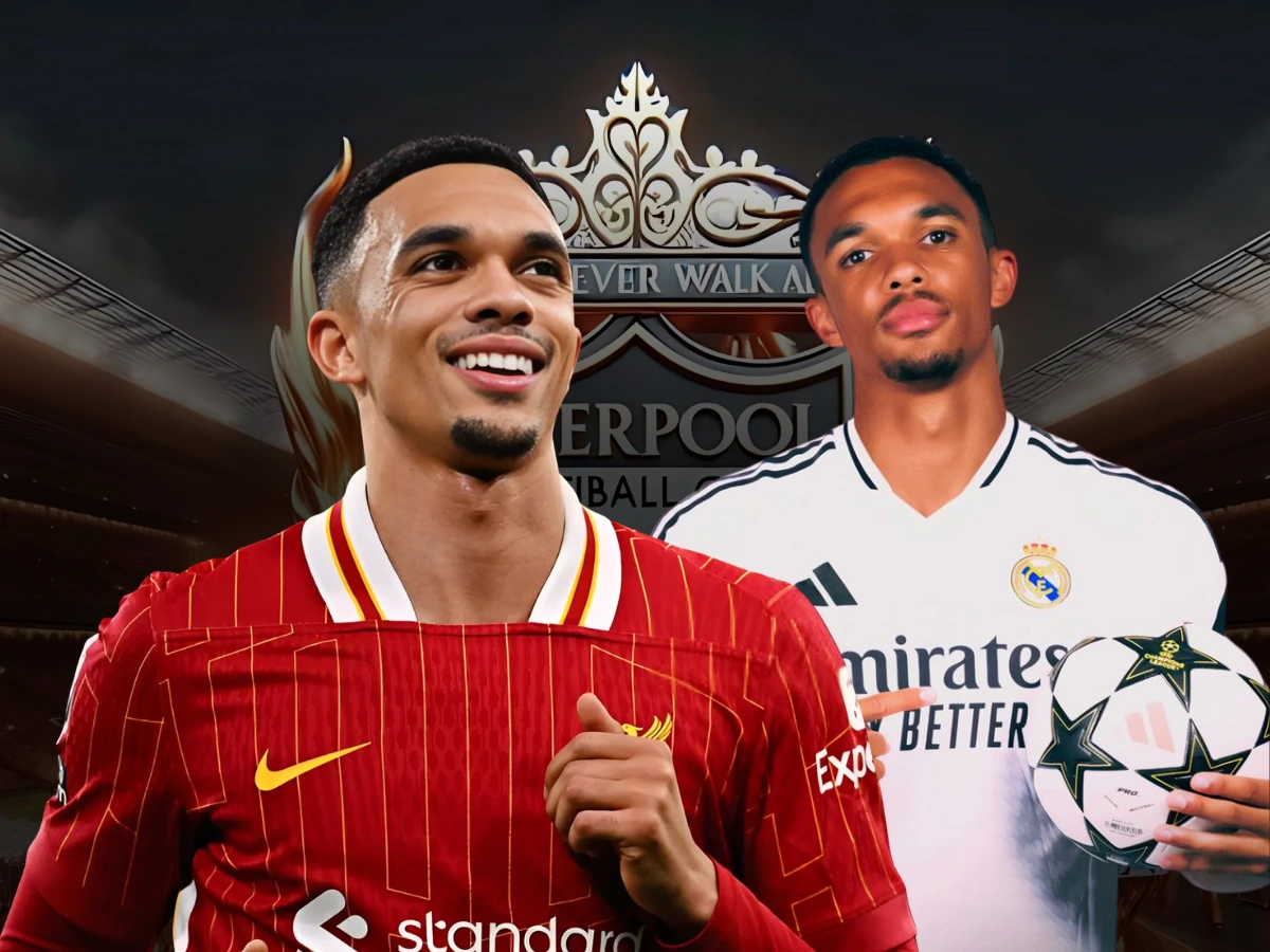 The image is an edited graphic featuring Trent Alexander-Arnold in two different football kits: Liverpool's red home kit on the left, where he is smiling, and Real Madrid's white home kit on the right, where he is holding a UEFA Champions League ball. The background includes the Liverpool FC crest, suggesting a possible transfer narrative.