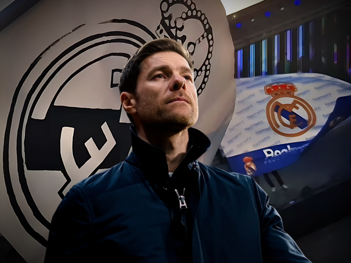 Xabi Alonso, with Real Madrid logos and flags in the background, suggesting speculation about his potential future with the club.