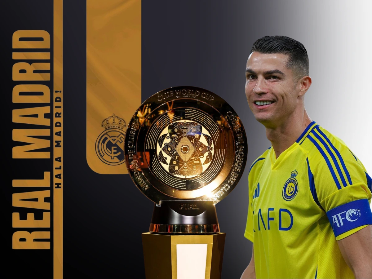 Cristiano Ronaldo wearing an Al Nassr yellow jersey, smiling, with the FIFA Club World Cup trophy in the foreground. The background features Real Madrid branding with "Hala Madrid!" text.