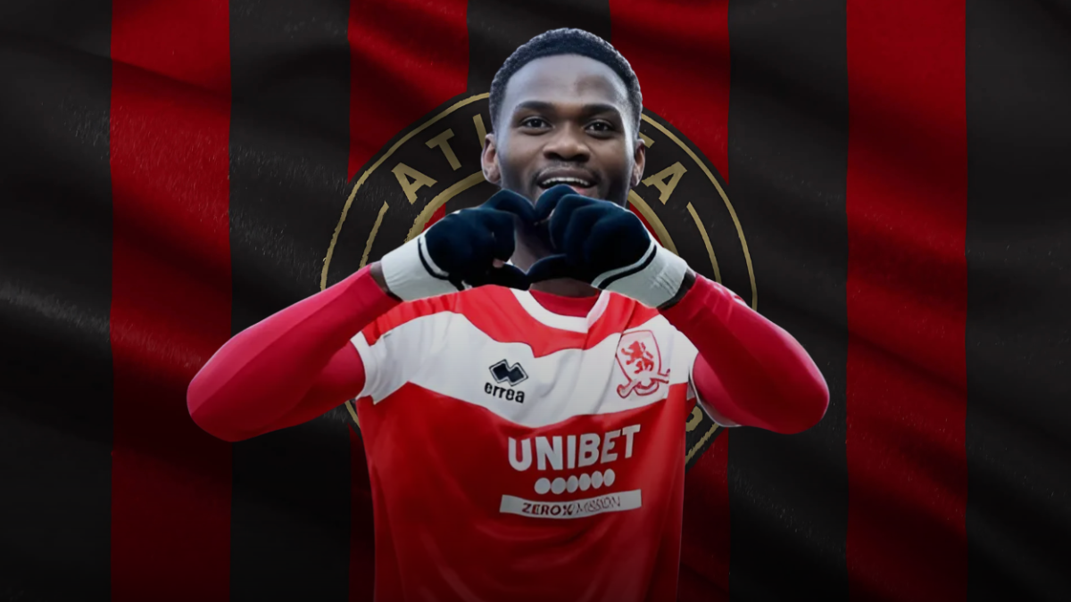 Atlanta United's newest signing, Emmanuel Latte Lath, celebrates his record-breaking move from Middlesbrough