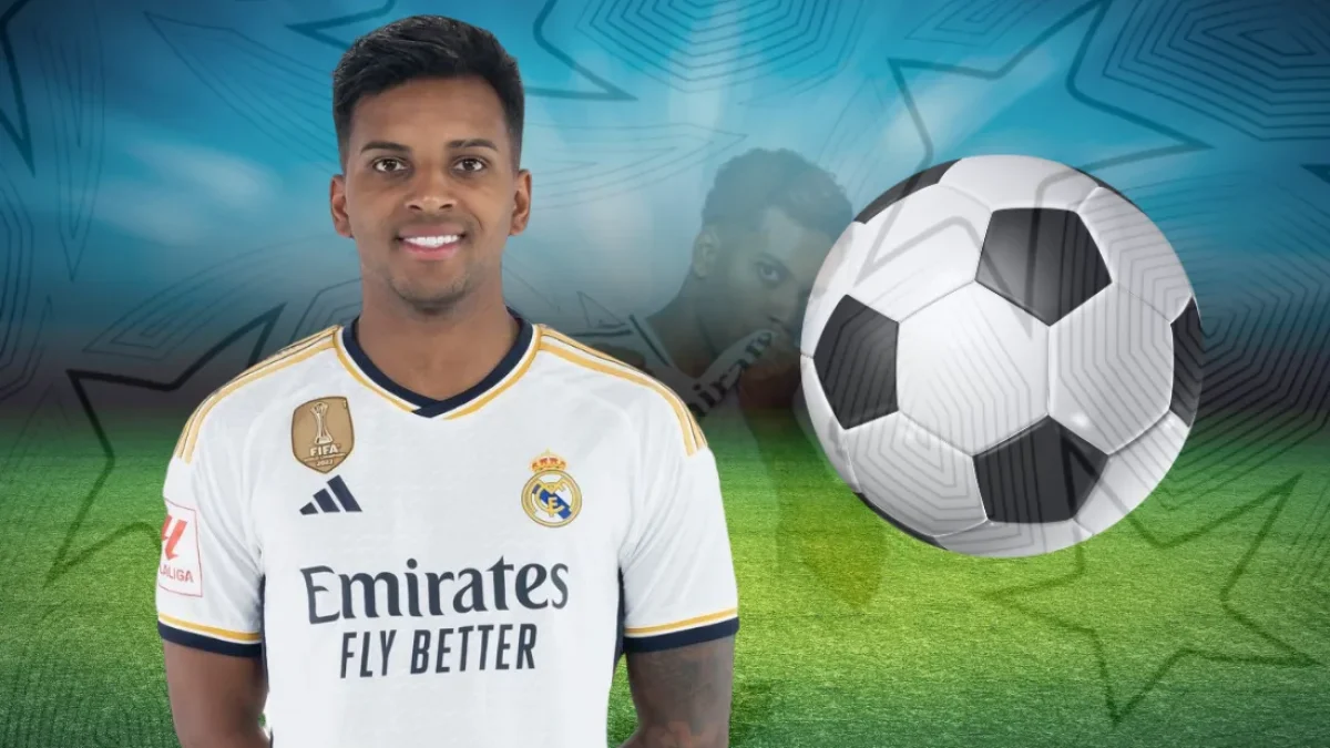Rodrygo dribbling past a defender, showcasing his speed and technical skill for Real Madrid.