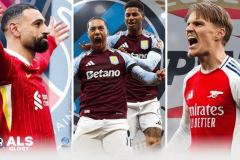 A collage featuring Mohamed Salah in a Liverpool jersey, Aston Villa players celebrating, and Martin Ødegaard in an Arsenal kit, symbolizing the intensity and passion of European football.