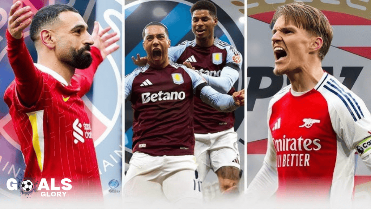 A collage featuring Mohamed Salah in a Liverpool jersey, Aston Villa players celebrating, and Martin Ødegaard in an Arsenal kit, symbolizing the intensity and passion of European football.