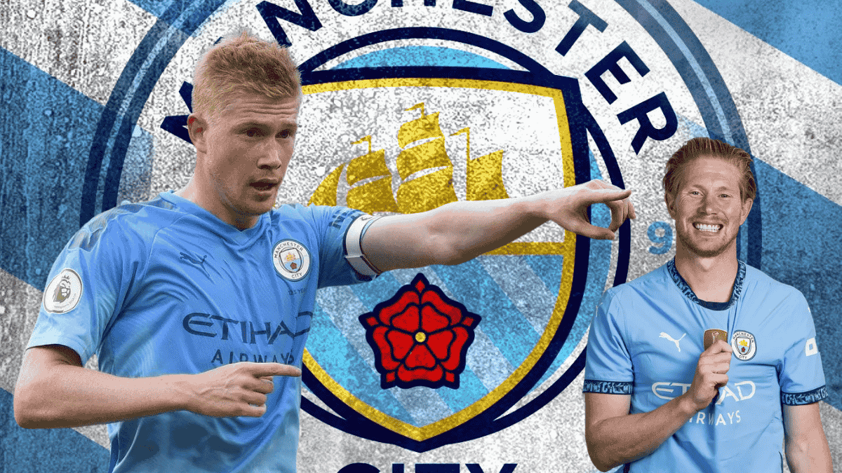 Kevin De Bruyne in a Manchester City jersey, giving tactical instructions, alongside another image of him smiling with a medal, with the Manchester City logo in the background.