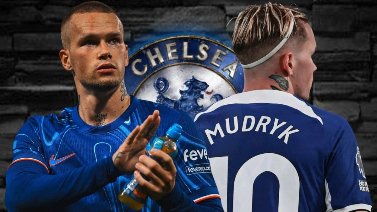 Chelsea FC's Mykhailo Mudryk in two angles—front holding a drink and back showing his name and number 10, with the club logo in the background.