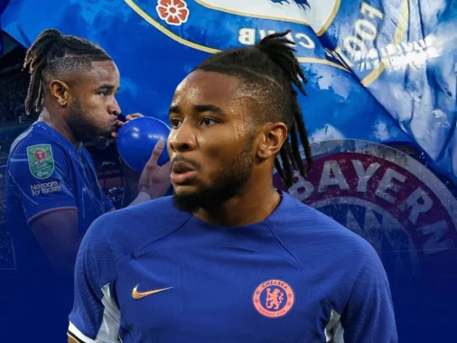 A graphic featuring Christopher Nkunku in a Chelsea FC jersey with a blue background. Nkunku appears in the foreground with a focused expression, and a secondary image of him blowing up a blue balloon is in the background. The design includes elements of the Chelsea and Bayern Munich logos