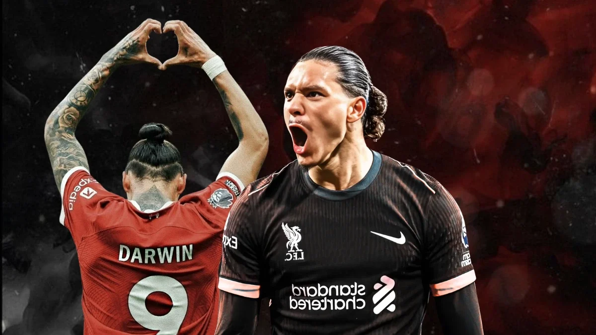 Darwin Núñez in two poses: one celebrating in a red Liverpool jersey and another roaring in a black Liverpool kit, set against a dark red background.