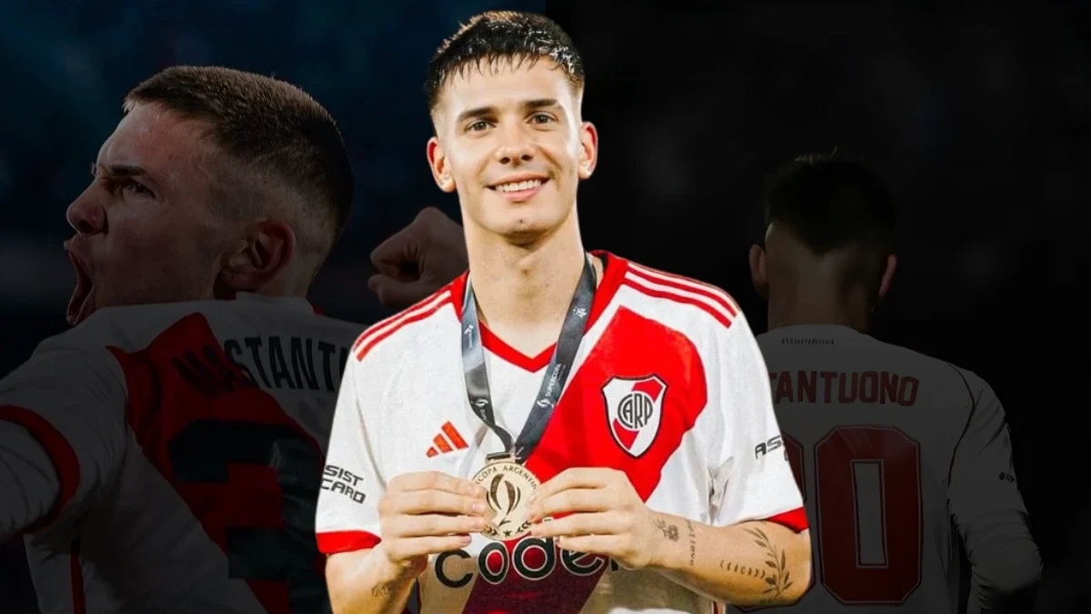Franco Mastantuono, a 17-year-old Argentine talent from River Plate, stands in the foreground smiling while holding a medal. The background features two faded images of him in action—one celebrating with intensity and another showing the back of his jersey with his name.