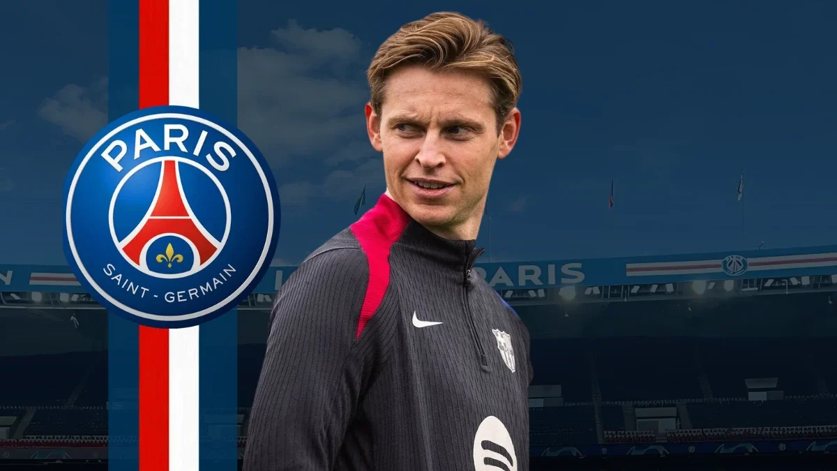 Frenkie de Jong, a midfielder for FC Barcelona, is linked to a potential €100 million transfer to Paris Saint-Germain (PSG), as suggested by the edited image featuring PSG branding in the background.