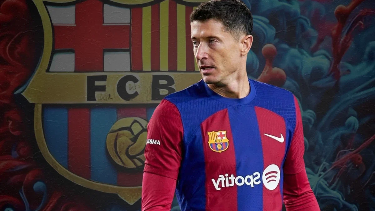 Robert Lewandowski in an FC Barcelona jersey, with the club's crest and a vibrant blue-red background behind him.