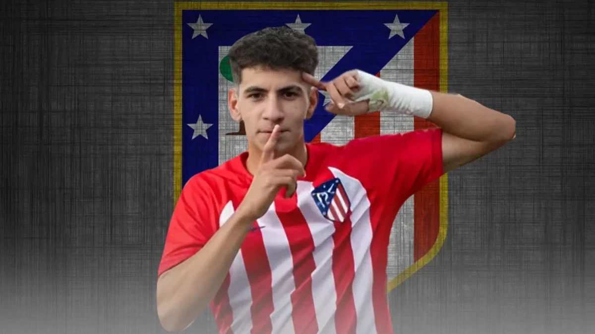 Rayane Belaid photo with Atlantico Madrid logo behind