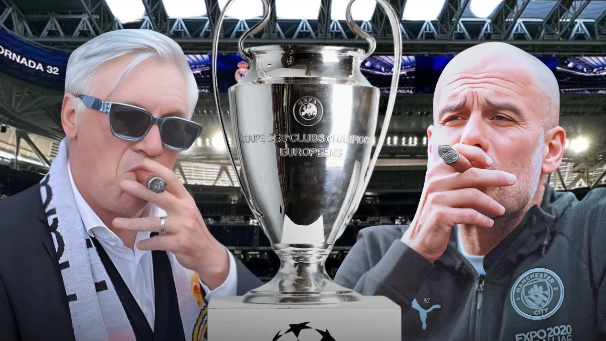 Carlo Ancelotti and Pep Guardiola, each holding a cigar, pose with the UEFA Champions League trophy