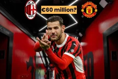 A split image featuring AC Milan on the left and Manchester United on the right. The AC Milan side shows Theo Hernández wearing an AC Milan kit. The Manchester United side features their logo. Text overlays include, '€60 million?