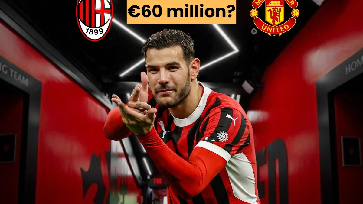 A split image featuring AC Milan on the left and Manchester United on the right. The AC Milan side shows Theo Hernández wearing an AC Milan kit. The Manchester United side features their logo. Text overlays include, '€60 million?