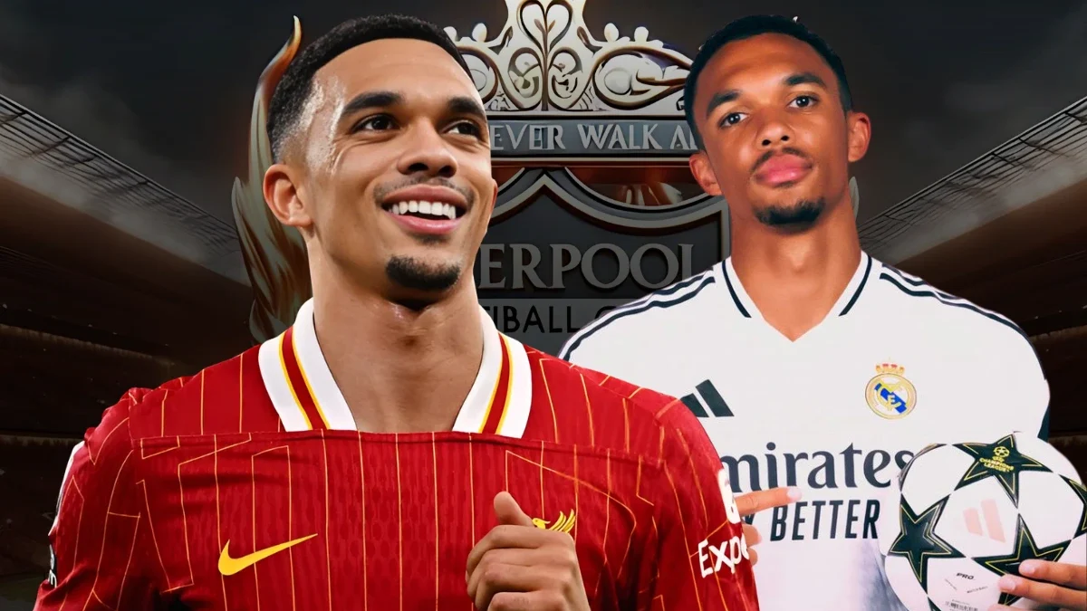 The image is an edited graphic featuring Trent Alexander-Arnold in two different football kits: Liverpool's red home kit on the left, where he is smiling, and Real Madrid's white home kit on the right, where he is holding a UEFA Champions League ball. The background includes the Liverpool FC crest, suggesting a possible transfer narrative.